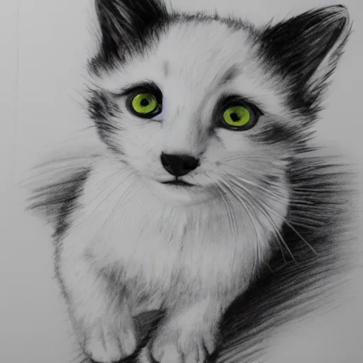 Image similar to black and white marker drawing of a baby kitten, floating head, white background