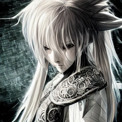 Image similar to yoshitaka amano realistic illustration of an anime girl with wavy white hair and cracks on her face wearing elden ring armour with the cape fluttering in the wind, abstract black and white patterns on the background, noisy film grain effect, highly detailed, renaissance oil painting, weird portrait angle