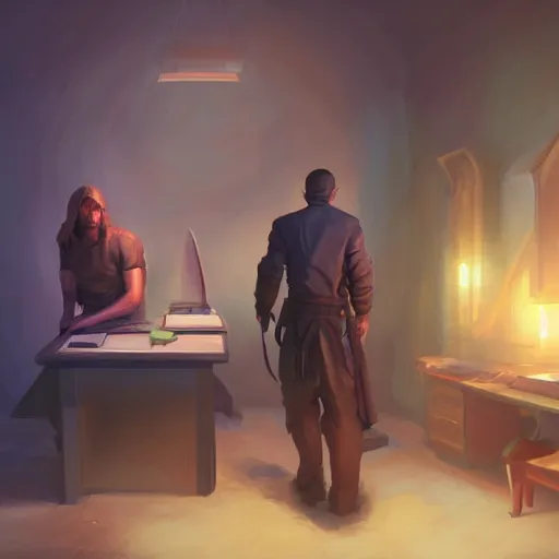 Image similar to a man and a room melting in a room with two computers, d & d, fantasy digital painting, trending on artstation, concept art, sharp focus, illustration, global illumination, ray tracing, realistic shaded, art by artgerm and greg rutkowski and fuji choko and viktoria gavrilenko and hoang lap