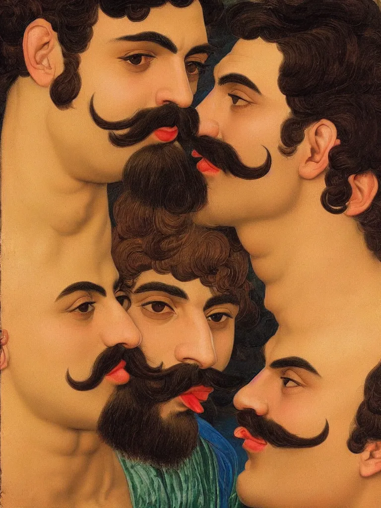 Prompt: close up portrait of 20 years old muscular persian iranian wrestlers handsome men with a mustache kiss by victor Nizovtsev and Botticelli