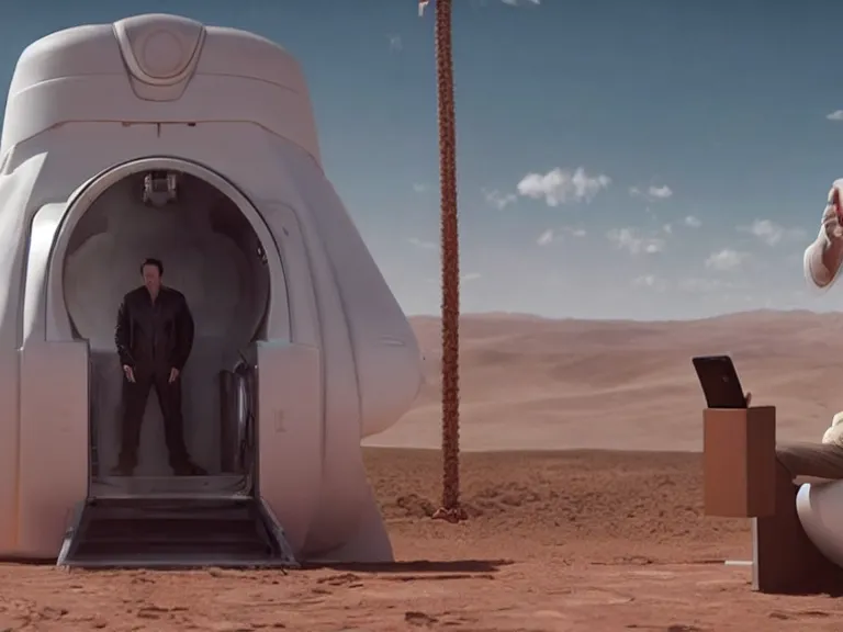 Image similar to hyperrealism aesthetic ridley scott and denis villeneuve style photography of a detailed giant elon musk, siting on a detailed ultra huge toilet and scrolling his smartphone in hyperrealism scene from detailed art house movie in style of alejandro jodorowsky and wes anderson