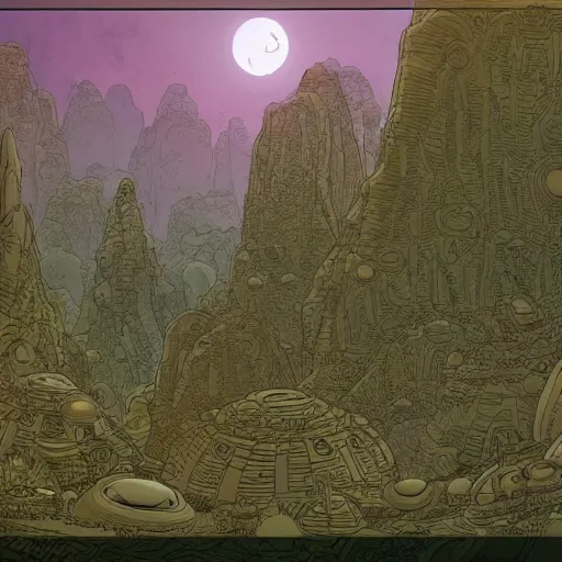 Prompt: abstract alien lanscape with epic stone temples and lush jungle, ufos in the sky, by moebius and geof darrow, intricate lines, cinematic, concept art, 8 k, artstation