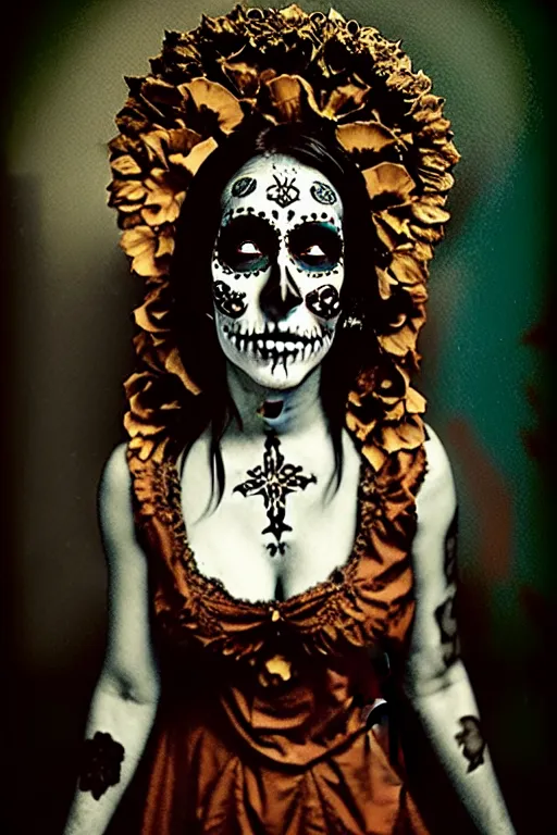 Image similar to calotype, tintype, virgin mary in dia de muertos dress and make up, horrific beautiful vibe, evocative, atmospheric lighting, painted, intricate, highly detailed, leesha hannigan, wayne haag, reyna rochin, ignacio fernandez rios, mark ryden, iris van herpen, stunning, gorgeous, sharp focus, cinematic, masterpiece