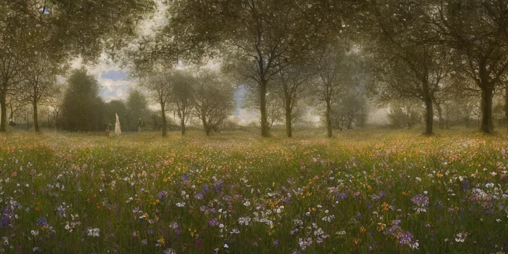 Prompt: a recursive cathedral made of mirrors within a wildflower meadow at dawn, in the style of alma tadema