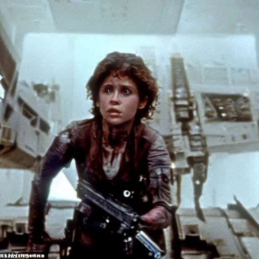 Image similar to half and covered in blood, ellen ripley, performed by emilia clarke, fights off hordes of aliens on the millennium falcon, holding a minigun in her right hand behind her and helps her with shots from a laser pistol. the style of films from the 8 0 s