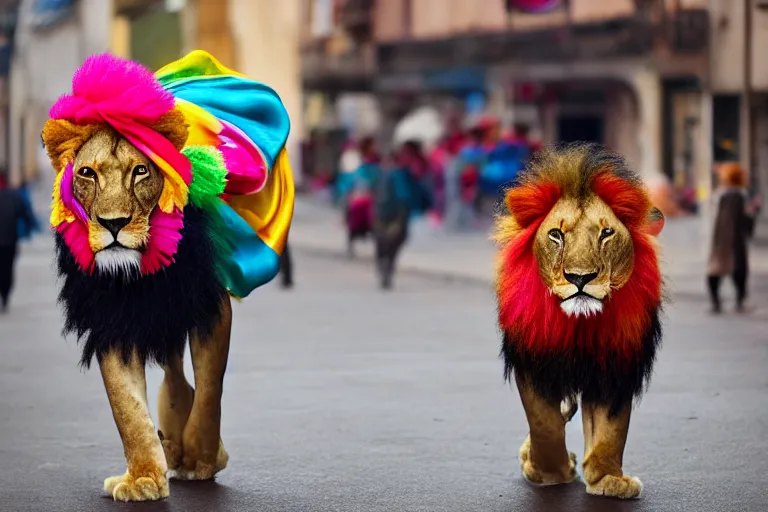 Prompt: A photograph of a lion wearing a brightly coloured hat and silk scarf, proudly walking down the street, national geographic photography, cinematic lighting