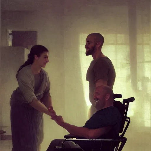 Image similar to a male patient in a wheelchair in the hospital with his wife and son standing by. happy, cheerful, smiling, intricate, face enhance, cinematic lighting, featured in artistation, 8 k, art by greg rutkowski, william adolphe bouguereau