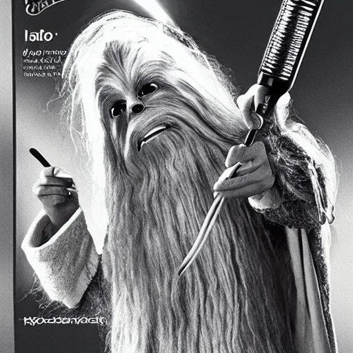 Image similar to gandalf as chewbacca, shampoo hair dryer, hair dryer advertisement