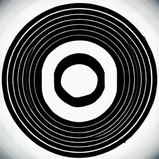 Image similar to a perfect circle, around the outer edge of the circle is the silhouette of a city skyline, inside the circle is empty, black and white, minimalist, in the style of a line drawing