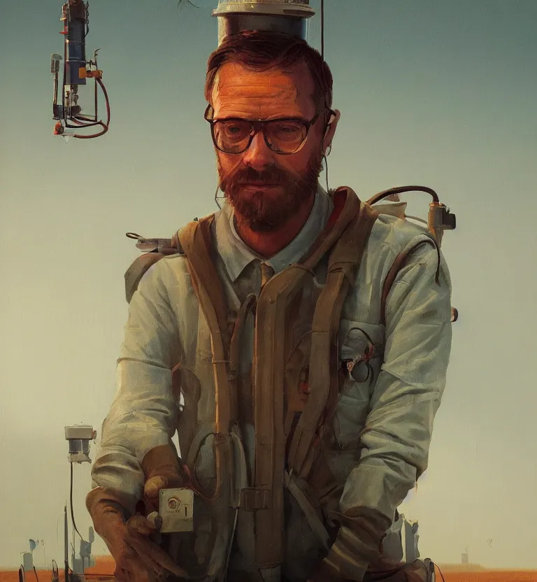 Image similar to a portrait of a researcher like indianer jones in a painting from stalenhag, 4 k, 8 k, hdr, artstation, concept art