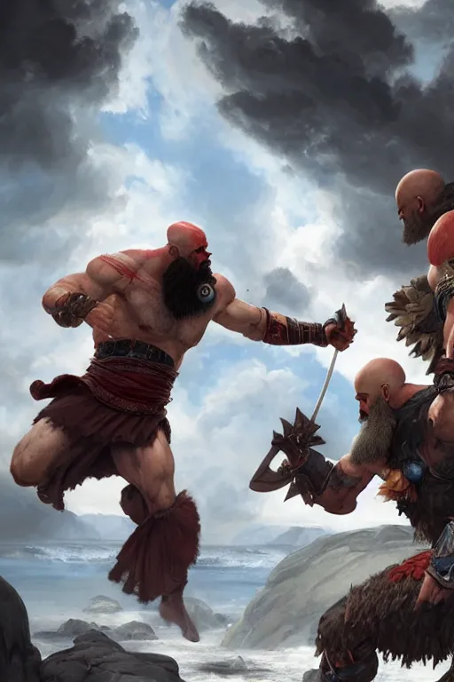 Prompt: kratos fighting zeus in the olympus, highly detailed, digital painting, artstation, concept art, smooth, sharp focus, illustration, unreal engine 5, 8 k, art by artgerm and greg rutkowski and edgar maxence