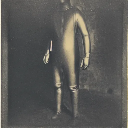 Prompt: old school diving suit, underwater picture, murky, dark, scary, 1910 polaroid