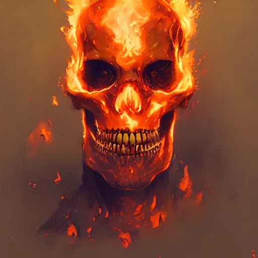 Prompt: Portrait of a flaming skeleton by greg rutkowski