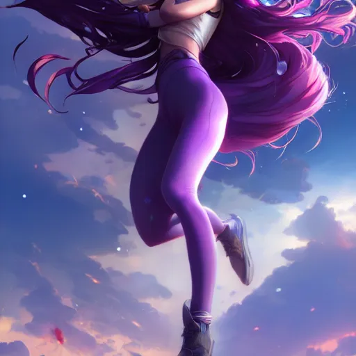 Image similar to An anime still of Ana De Armas with long purple hair leaping through explosion by Stanley Artgerm Lau, WLOP, Rossdraws, James Jean, Andrei Riabovitchev, Marc Simonetti, and Sakimichan, trending on artstation