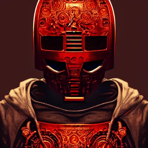 Image similar to portrait of mf doom, dr. doom metal steel mask, dark skin underneath. red t - shirt, beige complex background, intricate, elegant, highly detailed, digital painting, artstation, concept art, smooth, sharp focus, illustration, by anato finnstark, boissb - blanca. j, cindy avelino, clint cearley, anna podedworna