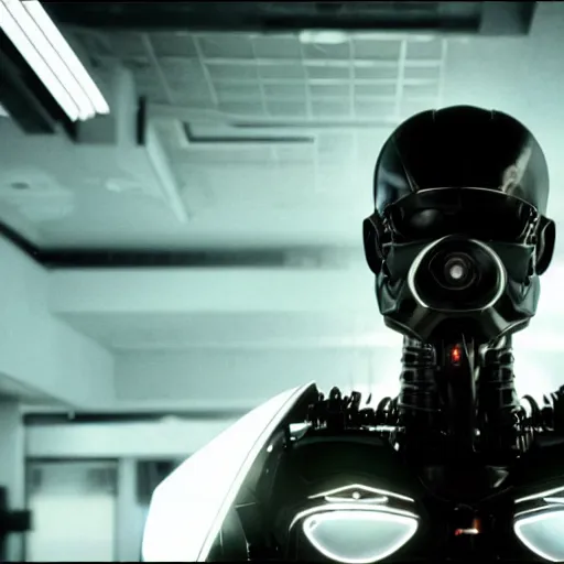 Image similar to movie still of a villain cyborg, facial expression, cinematic composition, cinematic light, surreal cinema, by edgar wright and david lynch,