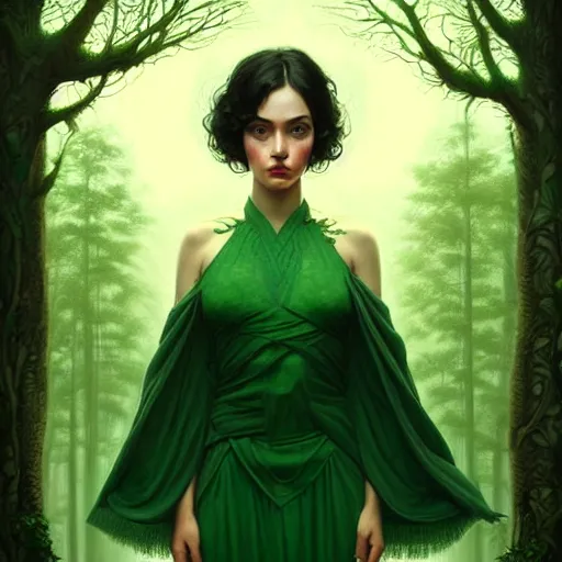 Prompt: gorgeous female Jade Tailor, realistic character concept, black hair, symmetrical face symmetrical eyes, green dress, forest, trees, medium shot, shorter neck, illustration, cinematic lighting, artgerm, Tom Bagshaw, Norman Rockwell, insanely detailed and intricate, beautiful