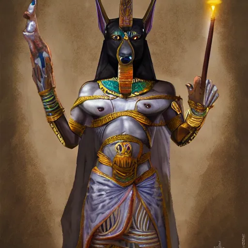 Image similar to Anubis God, Egyptians decor, very detailed, artstation, illustration, masterpiece, digital art, Oil Painting, Furry Art