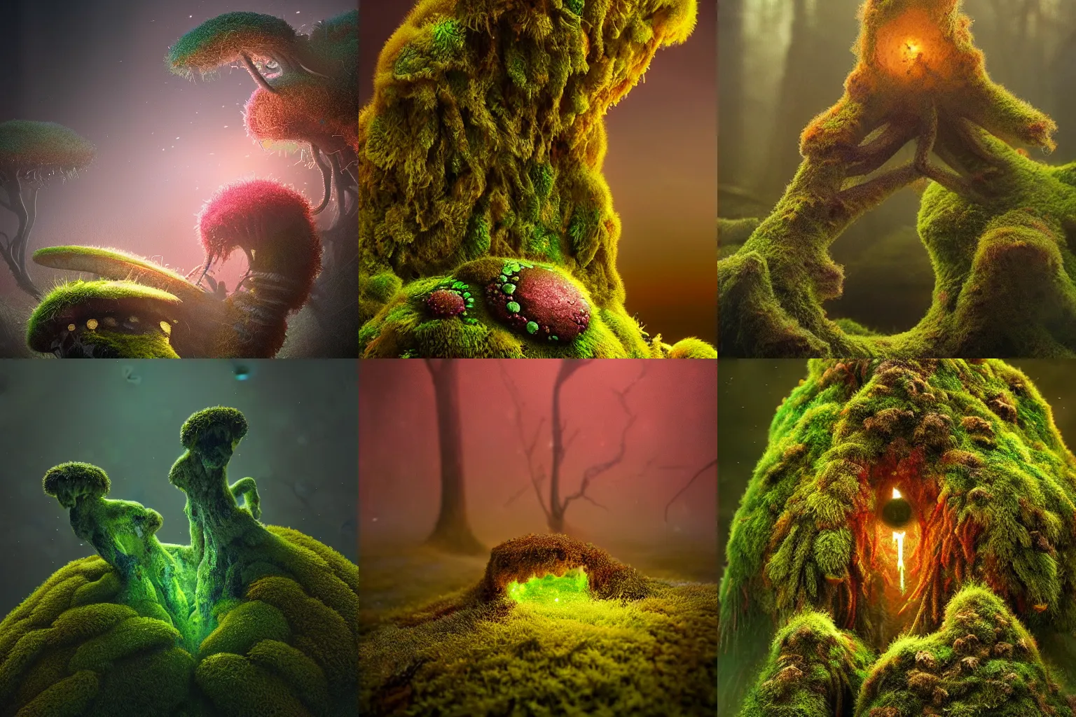 Prompt: a beautiful macro photography of moss with alien fungus, hyperdetailed, warm volumetric lights , made by Gerald Brom and Mike Winkelmann.
