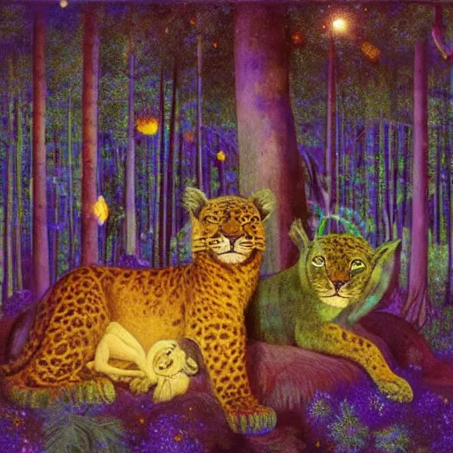 Prompt: psychedelic big cats hiding in the trees lush pine forest, outer space, milky way, designed by arnold bocklin, jules bastien - lepage, tarsila do amaral, wayne barlowe and gustave baumann, cheval michael, trending on artstation, star, sharp focus, colorful refracted sparkles and lines, soft light, 8 k 4 k