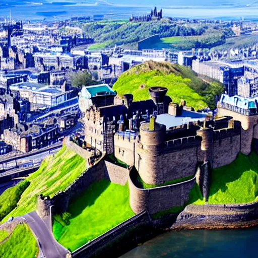 Prompt: aerial photo of edinburgh castle with a background of open ocean background