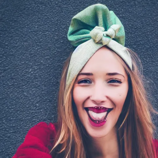 Image similar to Selfie of a woman with a shoe on her head.