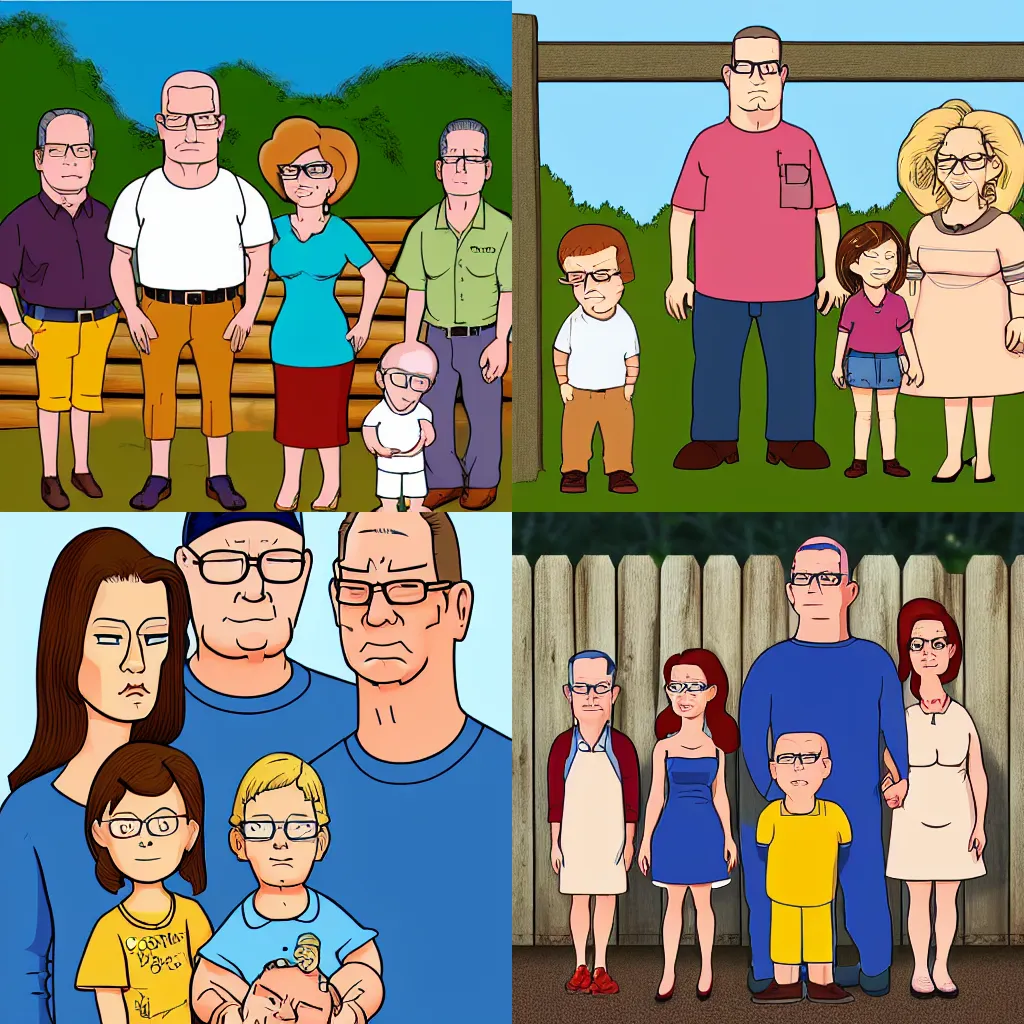 Prompt: a family portrait of a family of three, hank hill peggy hill and bobby hill standing in front of a wooden fence, neutral expressions, art by mike judge, trending on artstation