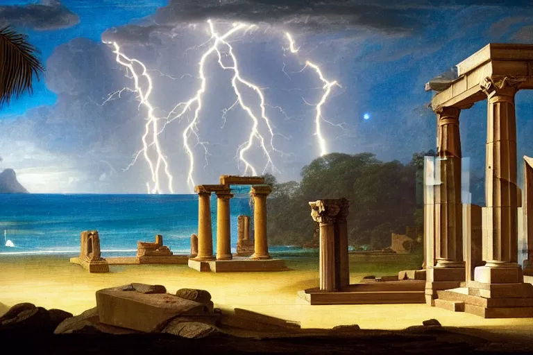 Image similar to Doric temple on front of balustrade and palace columns, refracted lightnings on the ocean, thunderstorm, tarot cards characters, beach and Tropical vegetation on the background major arcana sky and occult symbols, by paul delaroche, hyperrealistic 4k uhd, award-winning, very detailed paradise