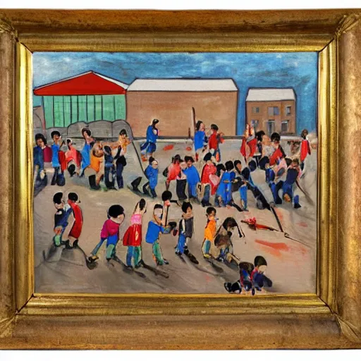 Prompt: painting of children in a schoolyard knife fight