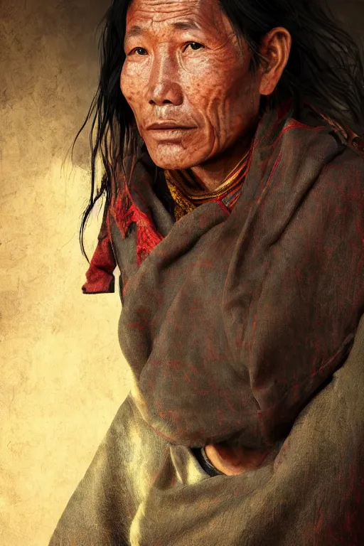 Image similar to Tibetan citizen, portrait, poor, intricate, elegant, volumetric lighting, scenery, digital painting, highly detailed, artstation, sharp focus, illustration, concept art,ruan jia, steve mccurry