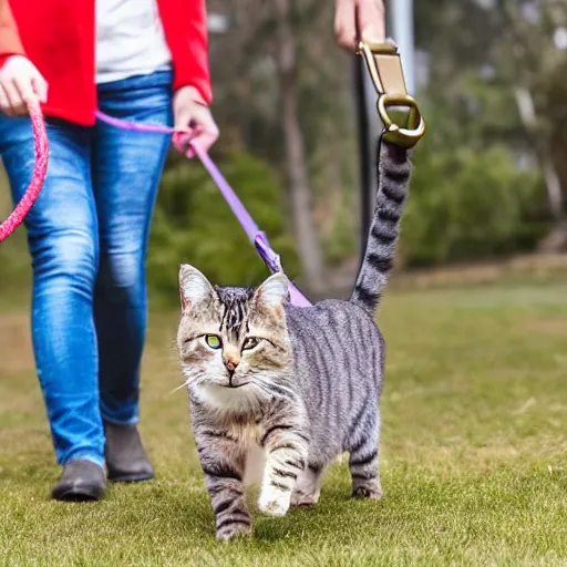 Prompt: a cat walking a person on a leash