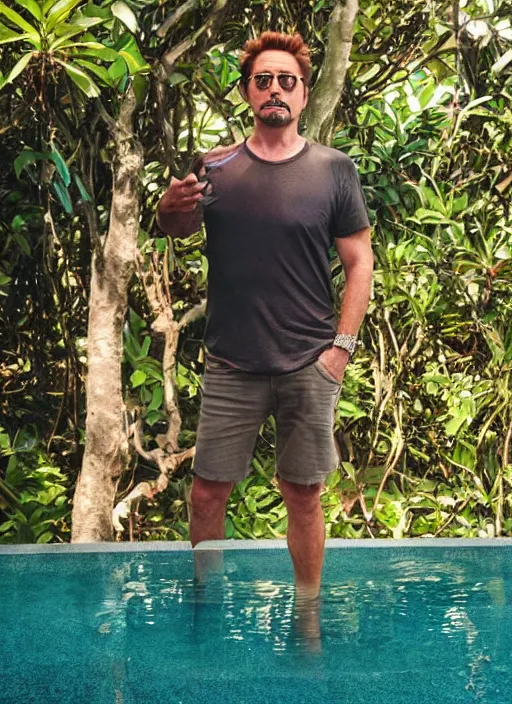 Image similar to a full portrait photo of robert downey jr holiday in bali, f / 2 2, 3 5 mm, 2 7 0 0 k, lighting, perfect faces, award winning photography.