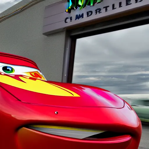 Prompt: photorealistic lightning mcqueen from cars at the mcdonalds drive through, award winning candid photography