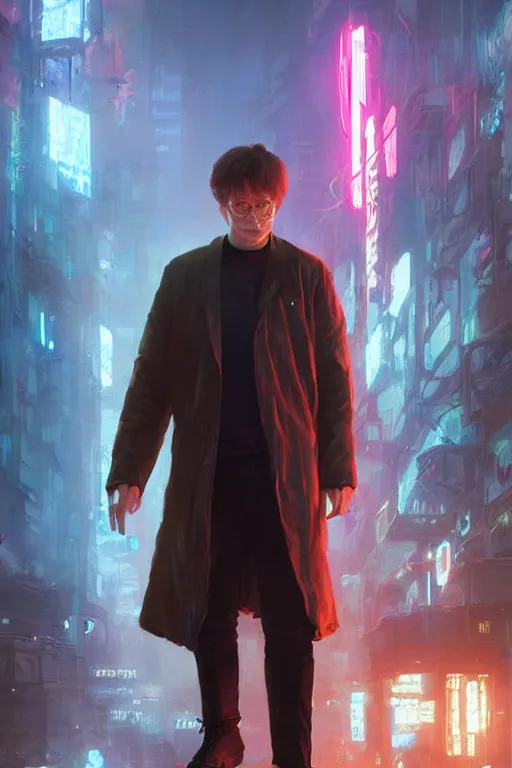 Image similar to portrait of Ron Wisly from harry potter in cyberpunk, neon lighting, night city, digital art from artstation by Ruan Jia and Mandy Jurgens and Artgerm and william-adolphe bouguereau and Greg Rutkowski and Wayne Barlowe