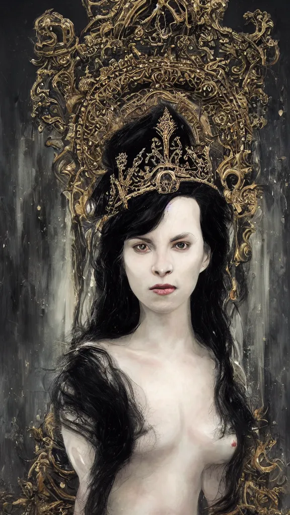 Image similar to a beautiful black haired woman with pale skin and a crown on her head sitted on an intricate metal throne, intimidating woman, large black eyes, high forehead, smooth pale skin, ethereal skin, ominous, eldritch. oil painting by nuri iyem, james gurney, james jean, greg rutkowski, highly detailed, soft lighting, chiaroscuro