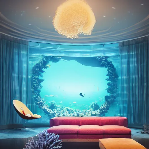 Prompt: the realistic photo of the modern fashionable room as aquarium with a chandelier as a big jellyfish, beautiful corals on the walls and sharks in the big panoramic window, a lot of gleans, under the ocean, realistic colors, realistic shadows, daylight made in blender, hd, 3 d by beeple and by greg rutkowski