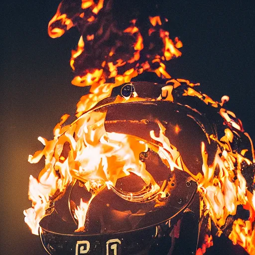 Image similar to burning head cop, centered, at night, mid shot, editorial photography