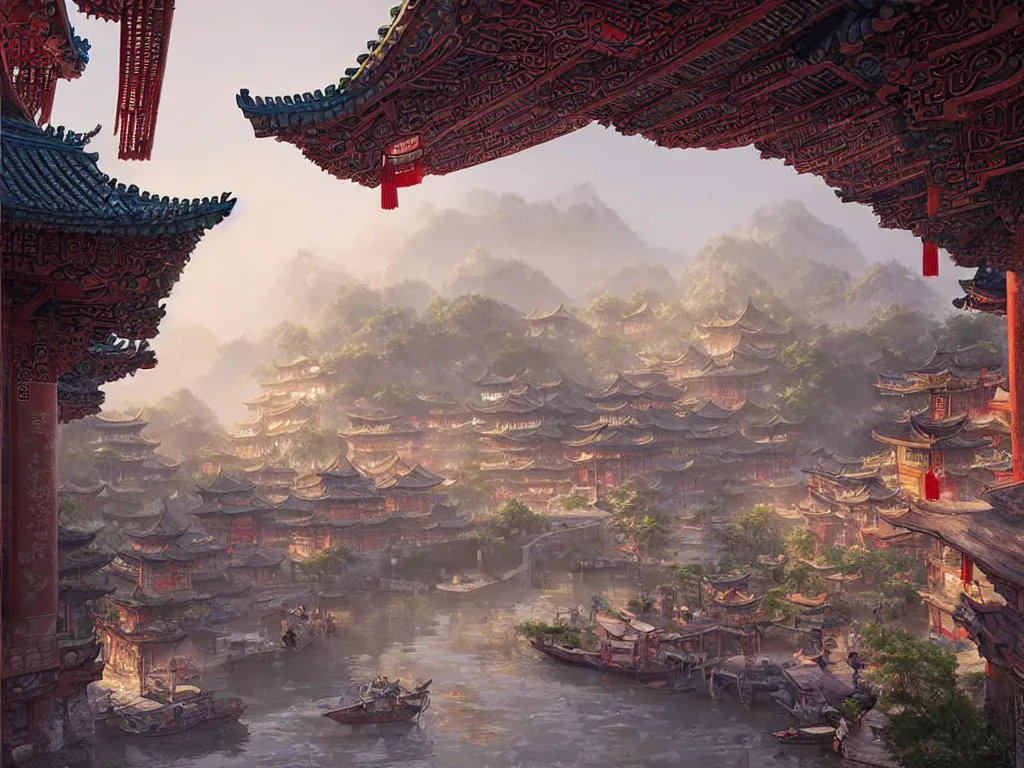 Image similar to ancient chinese city viewed from harbor, d & d digital painting, ultra realistic, beautiful, volumetric lighting, warm colors advance, cell shading, by james jean, greg rutkowski, yoann lossell, raphael lacoste