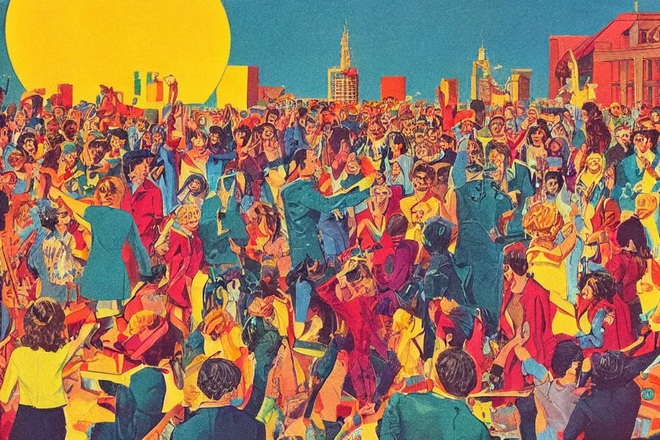 Prompt: an ideal society, a new world to live in, bright colors, 1 9 7 0 s grainy vintage illustration, detailed, epic,