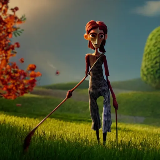 Prompt: a stopmotion animation character, a beautiful canadian woman, pulling weeds out frantically, some grey hair, stripey pants, octane render, 8 k, kubo and the two strings, german expressionism