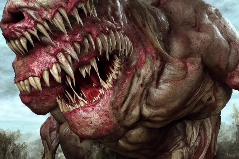 Prompt: a giant disgusting behemoth made of muscles and flesh, very angry, teeth, ambient light, terror, glows, realistic, photo-realism, hyper realism, picture, detailed, 3D render, scary, distant shot, in the distance,
