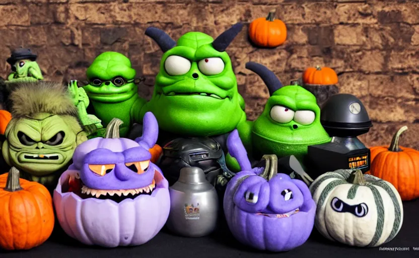 Image similar to pumpkin godzilla yoda donkey kong pikachu yeti shrek super robot homer groot waluigi darth vader mike wazowski, highly detailed, extremely high quality, hd, 4 k, 8 k, professional photographer, 4 0 mp, lifelike, top - rated, award winning, cinematic, realistic, detailed lighting, detailed shadows, sharp, no blur, edited, corrected, trending