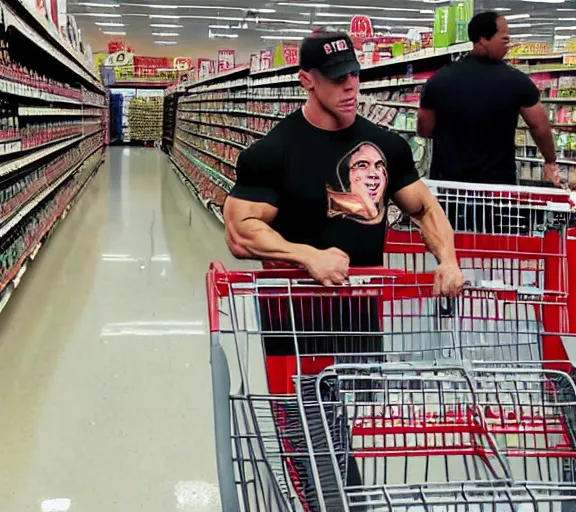 Prompt: a dramatic shot of John cena crying while shopping at HEB