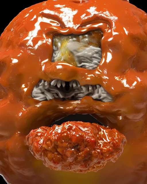 Image similar to Gooey Oily, Gross and Disgusting stunning orbiting Giant fleshy meatball with a tongue sticking out of its mouth. 4D render, soft render, hairy meatball, surreal food by Greg Rutkowsi and Stefan Koidl, artstation