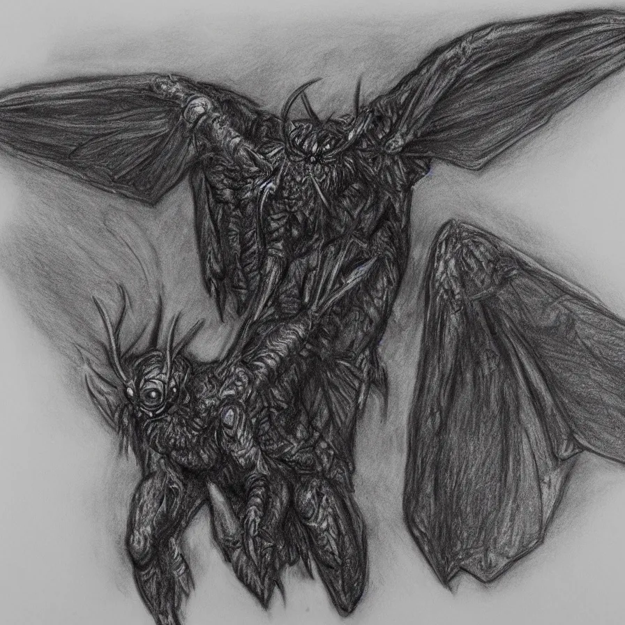 Image similar to A detailed charcoal sketch of Mothman facing forward, 8k, highly detailed
