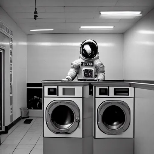 Image similar to a beautiful photo of an astronaut waiting in a laundromat, 1970', soft light, morning light, photorealistic, realistic, octane, 8k, cinematic shot