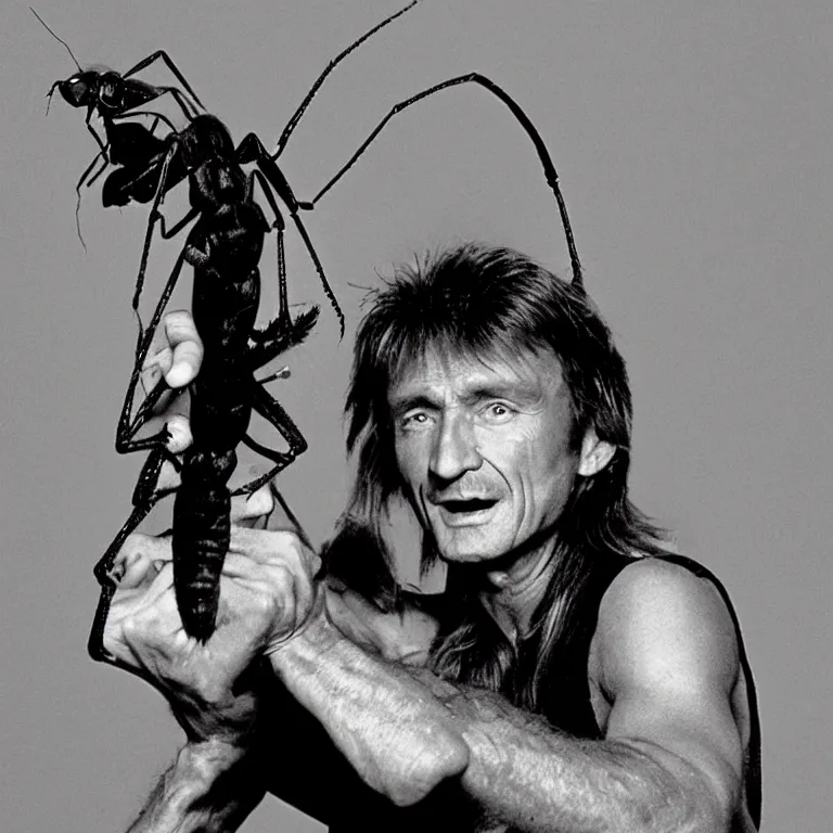 Prompt: johnny halliday with a giant ant on his head