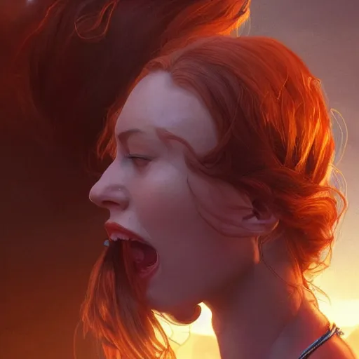 Image similar to giantess woman swallowing a person whole, intricate, highly detailed, digital painting, artstation, concept art, smooth, sharp focus, illustration, unreal engine 5, 8 k, art by artgerm and greg rutkowski and alphonse mucha