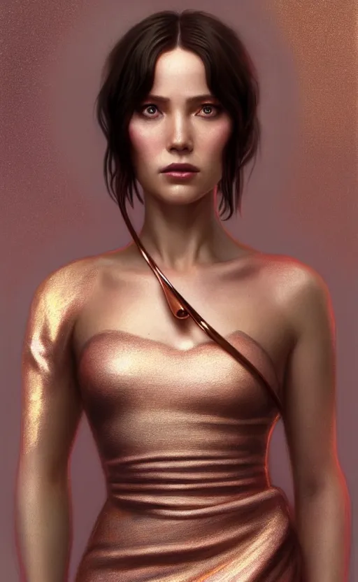 Prompt: Joy from Blade Runner 2049 with a rose gold dress, with no derpy face, hyper realistic portrait, intricate, elegant, highly detailed, digital painting, artstation, concept art, rough, sharp focus, illustration, art by artgerm and greg rutkowski and alphonse mucha