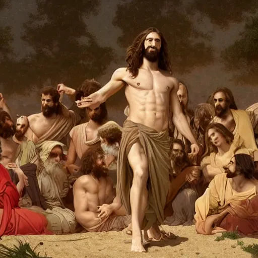 Image similar to an extremely detailed matte painting of a ridiculously good looking supply side jesus that looks like a jewish gigachad with his 1 2 apostle entourage droing keg stands, long curly hair, elegant ancient greek dress, very detailed, windy beach, beautiful, intricate, cinematic, artstation, william bouguereau, alphonse mucha, greg rutkowski, rossdraws, octane render